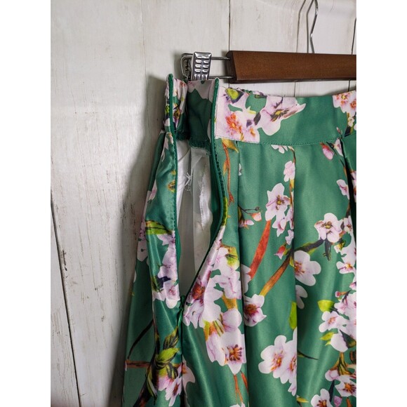 Floral Satin Pleated Skirt Green Pink Cherry Blossom Midi Size XL Cottagecore - Picture 5 of 8